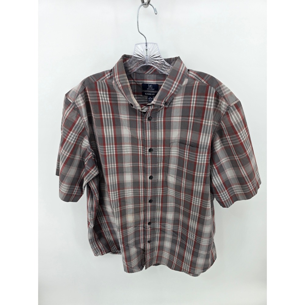 George Mens Classic Fit Short Sleeve Plaid Button Down Shirt Grey Red XL 46-48